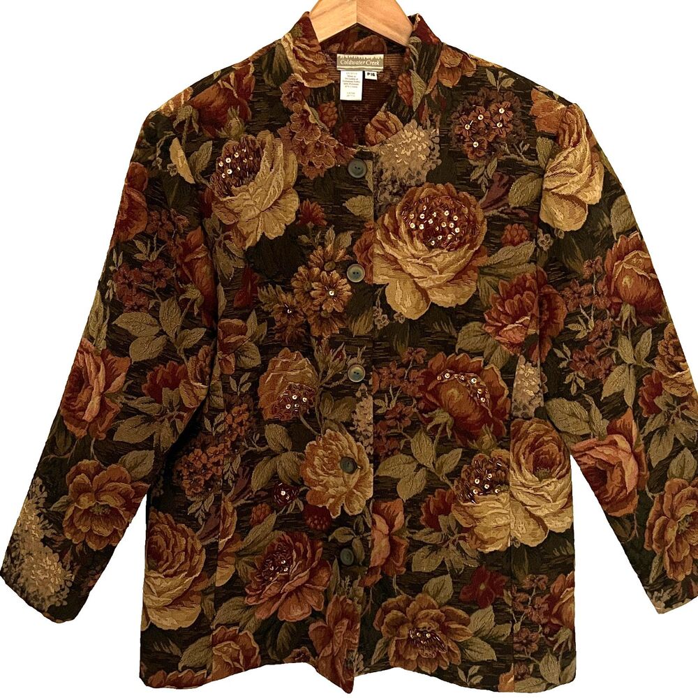 Coldwater Creek Brocade Jacket 16 petite Tapestry Blazer Beaded Sequins